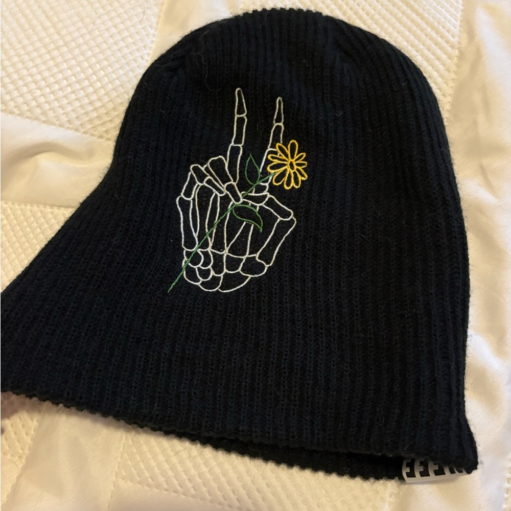 Neff Black Beanie with Skeleton Hand and Flower Design
